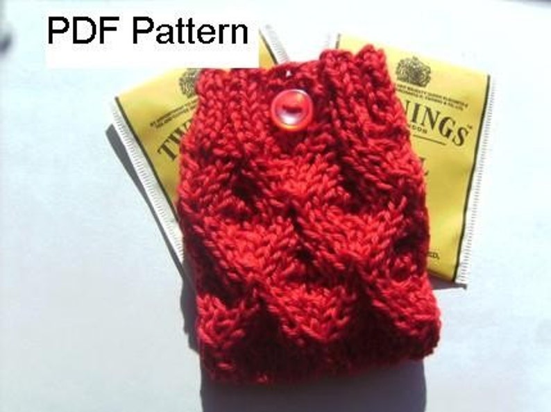 Tea Bag Cozy Pouch Holder PDF Knitting Pattern Rooibos Lace Aran Knit Travel image 1