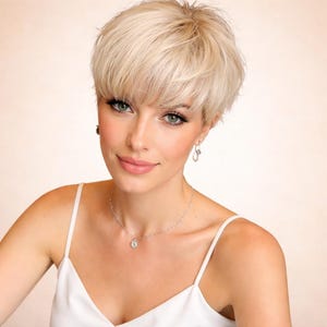 Könnte beinhalten: Eine Person mit kurzen, hellblonden Haaren und grünen Augen trägt ein weißes Spaghettitop. Sie hat eine silberne Halskette mit einem kleinen Anhänger und passenden Ohrringen. Der Hintergrund ist eine weiche, neutrale Farbe.