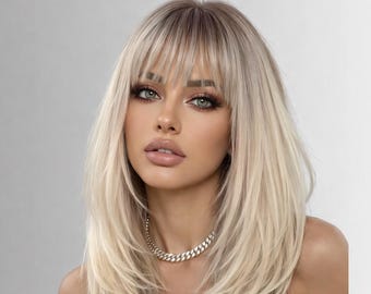 14 Inch Ombre Blonde Wig Straight Synthetic Hair with Bangs Mid Length Cosplay Wig for Women