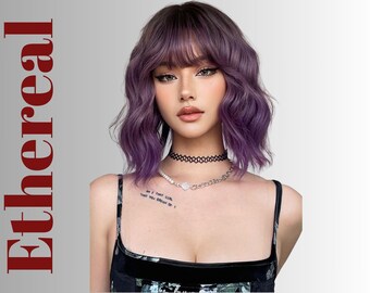 Lila Ombré-Perücke Mit Pony – Kurze, Gewellte Synthetik-Perücke In Violett