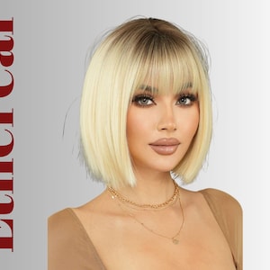 Ombre Blonde Bob Wig with Bangs: Heat-Resistant Synthetic Hair