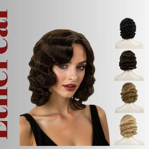 May include: A woman with dark brown, wavy hair, styled in a vintage look, and wearing a black top. The word "Ethereal" is printed in red on the left side. Additional wigs in black, brown, and blonde are displayed on mannequin heads.