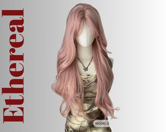 Parrucca in pizzo lungo e ondulato rosa tenue - Parrucca sintetica naturale resistente al calore per feste cosplay da donna