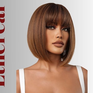 Brown Bob Wig with Bangs: Short Straight Heat-Resistant Synthetic Hair
