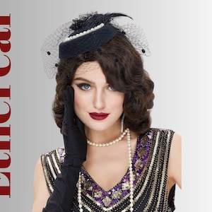May include: A woman wearing a black flapper hat with a veil, black gloves, and a beaded dress. The image has the word "Ethereal" in red vertical text on the left side. The woman is wearing a pearl necklace and has dark red lipstick.