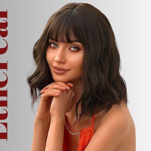 Wavy Brown Synthetic Wig with Bangs: Heat Resistant Shoulder Length Cosplay Wig