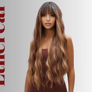 Long Wavy Chocolate Brown Wig with Bangs: Heat-Resistant Synthetic Hair