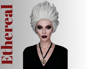 Peluca de bruja marina blanca con púas: peluca corta plateada con collar para disfraz de Halloween.