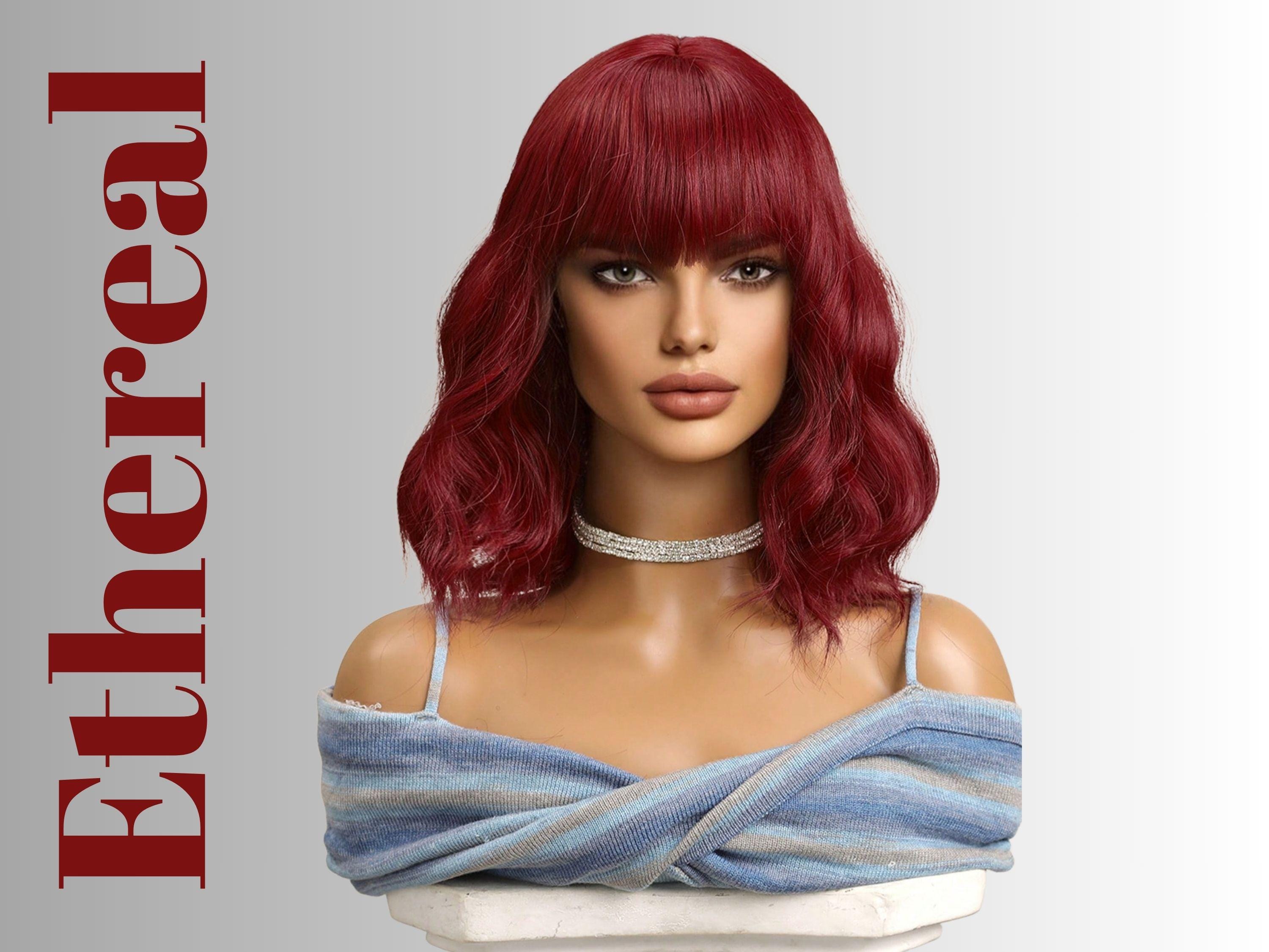14 Inch Red Curly Wig With Bangs – Short Wavy Synthetic Wig 