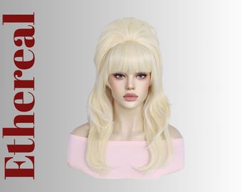 Platinum Blonde Straight Beehive Costume Wig Retro Groovy  display picture 2