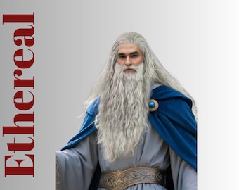 Lange Graue Perücke und Bart Set | Zauberer Kostüm-Perücke mit Locken und Schnurrbart | Halloween Weihnachtsmann Cosplay Perücke