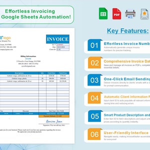 May include: A colorful infographic illustrating the key features of a Google Sheets-based invoicing system. The infographic highlights features such as effortless invoice numbering, a comprehensive invoice database, one-click email sending, automatic client information retrieval, smart product description and pricing, and a user-friendly interface.