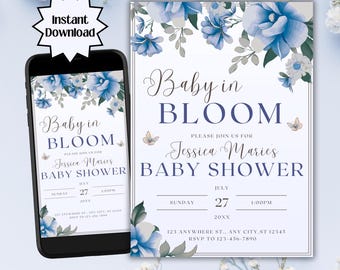 May include: A baby shower invitation bundle featuring a floral design with blue flowers and butterflies. The invitation includes the text "Baby in Bloom" and event details. The bundle includes a digital version on a smartphone and a printed invitation.
