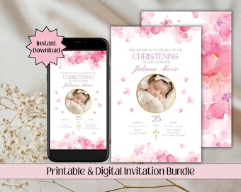 Christening Invitation Template, Editable Girls Baptism Invite, Digital Printable Pink Flowers Watercolor Dedication Confirmation Invitation