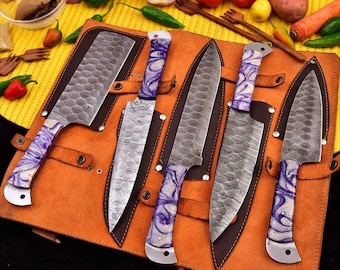 Juego de cuchillos de cocina de acero de Damasco, juego de cuchillos de espiga completa, juego de cuchillos de chef, regalo de boda, juego de cuchillos grabados a medida, regalo de Navidad y para padrinos de boda