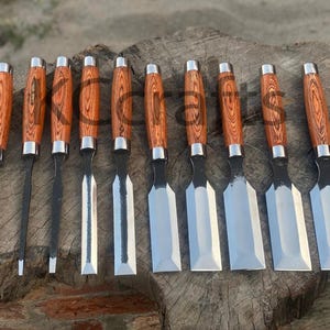 May include: Ten wood chisels with polished steel blades. The handles are a warm brown with a wood grain pattern, and silver metal ferrules. The chisels are arranged in a row, showing their different blade shapes.