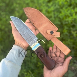 Damascus Steel Hunting Knife with Leather sheath, Damascus Knife with wood Handle, Hunting Knife, Birthday Gift, Gift for him/her