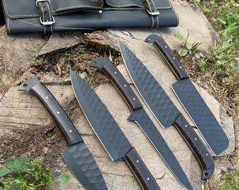 Hand Forged Damascus Steel Kitchen Knife Set, Wood Resin Handle, Leather Bag