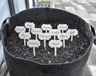 Herb Garden Markers Set of 12, Laser Engraved Wood Plant Stakes, Rustic Farmhouse Kitchen Garden Décor, Mahogany Herb Labels