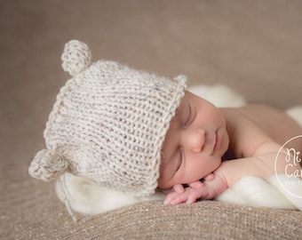 Knit Newborn Hat, Baby Animal Ears Beanie, Gender Neutral Photo Prop, 0-3 Month Boy Girl Baby Shower Gift, Coming Home Grandson Nephew