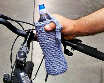 Crochet Water Bottle Holder, Denim Blue Cotton Drink Cozy, Adjustable Strap Bag, Eco Friendly Sustainable Vegan Gifts