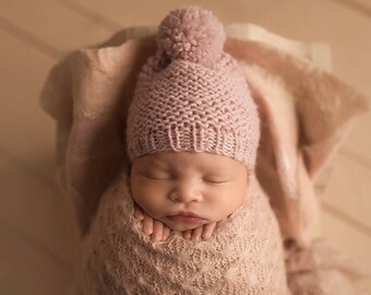 Pink Newborn Girl Hat, Knit Pom Pom Beanie Boys, 0-3 Month Baby Shower Gift, Coming Home Photo Prop