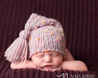 Chunky Knit Newborn Stocking Hat, Baby Boy Girl Stocking Cap, Tassel Beanie Photo Prop, 0-3 Months Gift