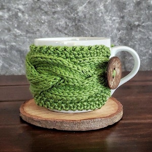 Green Coffee Mug Cozy, Cable Knit Cup Sleeve, Reusable Eco Friendly Gifts Under 20 25, Kitchen Decor Taurus image 1