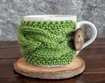 Green Coffee Mug Cozy, Cable Knit Cup Sleeve, Reusable Eco Friendly Gifts Under 20 25, Easter Kitchen Decor