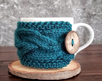 Teal Coffee Mug Cozy, Cable Knit Cup Sleeve, Blue Tea Warmer, Last Minute Birthday Present, Mothers Day Gift