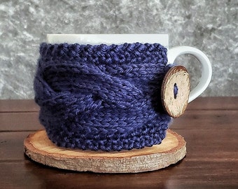 Blue Coffee Mug Cozy, Knit Tea Cup Sleeve, Eco Friendly Presents for Introvert Husband Dad Boyfriend, Navy Nautical Boat, Fathers Day Gift