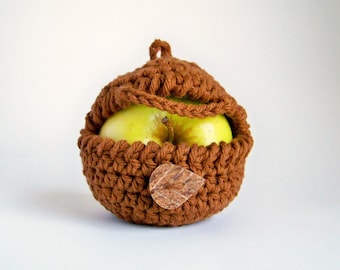 Crochet Apple Cozy, Brown Cotton Snack Bag, Natural Rustic Present Ideas, Eco Friendly Sustainable Gifts Under 20