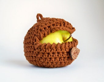 Crochet Apple Cozy, Brown Cotton Snack Bag, Rustic Fruit Pouch, Natural Practical Eco Friendly Gifts