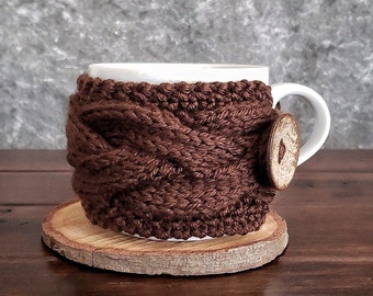 Brown Coffee Cup Cozy, Cable Knit Mug Sleeve, Eco Friendly Gifts, Easter Chocolate Kitchen