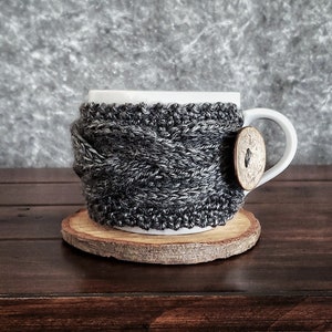 Knit Coffee Cup Cozy, Cable Mug Warmer Sweater Sleeve, Last Minute Gift for Men Him Dad, Charcoal Black Gray Father's Day Gift image 2