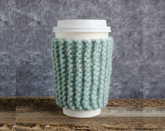 Chunky Knit Coffee Sleeve, Reusable Cup Cozy, Aqua Blue To Go Hot Drink Warmer Sweater, Ready to Ship Gift