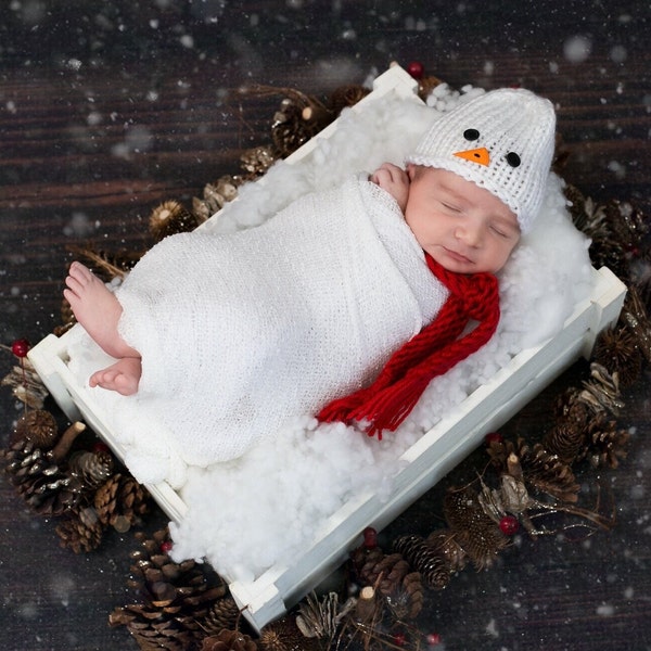 Newborn Snowman Hat Scarf Cocoon Set, Knit Christmas Baby Boy Girl Outfit, 0-3 Months Twins Triplets Photo Prop Gift