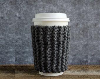 Black Coffee Sleeve, Reusable Hot Drink Cozy, Gray Chunky Knit Mug Warmer, Eco Friendly Gifts Under 20
