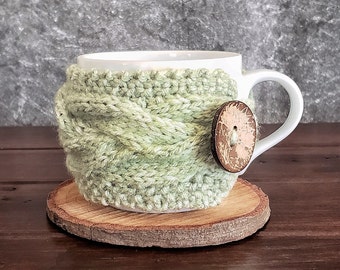 Knit Coffee Mug Cozy, Green Tea Cup Warmer Sleeve, Eco Friendly Nostalgic Gift for Grandma Aunt Sister Mother In Law, Greenery Cottagecore