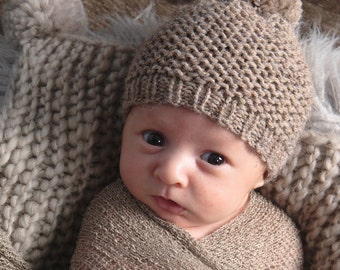 Knit Newborn Hat, Baby Pom Pom Beanie, Boy Girl Photo Prop, Baby Shower Gift, 0-3 Month Twins Triplets