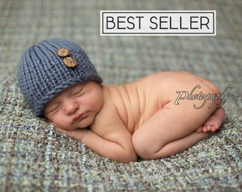 Knit Newborn Boy Hat, Blue Baby Beanie with Buttons, 0-3 Months Twins Triplets, Grandson Nephew Baby Shower Gift