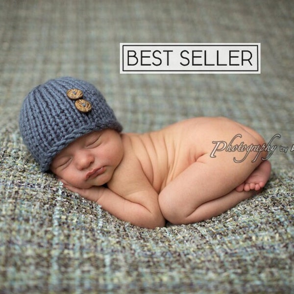 Knit Newborn Hat, Blue Baby Boy Hat, Chunky 0-3 Month Beanie, Best Sellers Photo Prop, Baby Shower Gift Twins Triplets