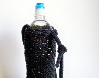 Black Water Bottle Holder, Crochet Cotton Drink Cozy, Vegan Sustainable Eco Gifts for Him Dad Father Boyfriend