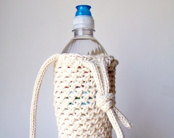 Crochet Water Bottle Holder, Sports Drink Cover, Shoulder Strap Hiking Sleeve Bag, Eco Friendly Vegan Cozy Gifts