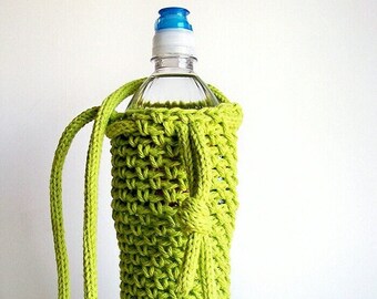 Crochet Water Bottle Holder, Bright Green Drink Cover, Lime Cotton Bag Cozy, Yoga Teacher Vegan Eco Friendly Gift