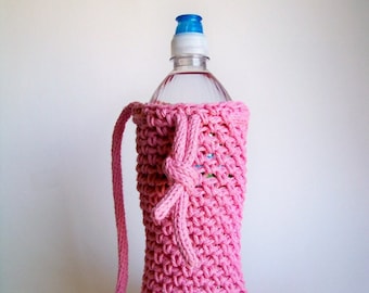 Pink Water Bottle Holder, Crochet Drink Cozy, Reusable Bag, Eco Friendly Vegan Gift for Mom Sister Girlfriend