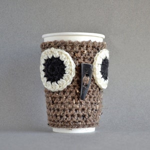 Crochet Owl Coffee Cozy, Reusable Cup Sleeve, Brown Mug Sweater Warmer, Rustic Gifts Under 25 image 1