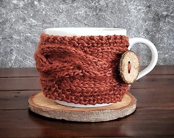 Knit Coffee Cup Cozy, Chunky Cable Mug Sweater, Reusable Coffee Sleeve, Modern Kitchen Decor, Cinnamon Pumpkin Spice