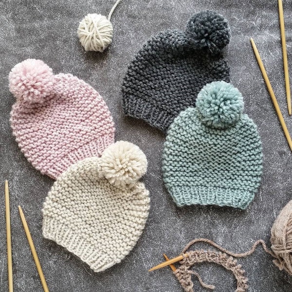 Easy Hat Knitting Pattern, Rib Knit Pom Beanie, Newborn Baby Toddler Child Adult, Garter Stitch Pattern, Gifts for Knitters