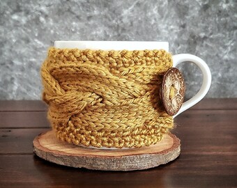 Cable Knit Coffee Cup Cozy, Chunky Mug Warmer Sweater, Reusable Coffee Sleeve, Golden Honey Yellow